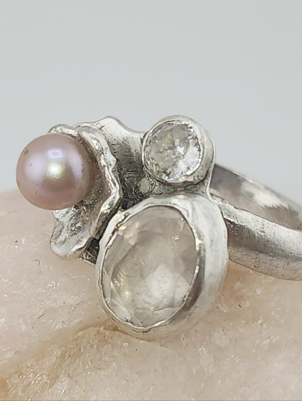ROSE QUARTZ, SWEETWATER PEARL& CLEAR QUARTZ RING HANDMADE STERLING SILVER SZ 8